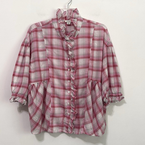 Sundance Catalog Janice Blouse S Petite Pink Ruffle Front Short Sleeve Plaid Top - Picture 1 of 10